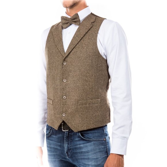 Luxury Notch Lapel Tweed Vest w/ Adjustable Strap Includes Bowtie, Tan - Picture 4 of 5